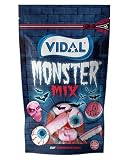 Vidal Golosinas. Monster Mix - Selección de chuches terróríficas, con intenso sabor a fresa y fresa-nata. Sin Gluten. Sin Grasa. Bolsa 180g