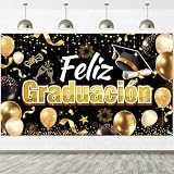 HOWAF Pancarta Feliz Graduación, Telón de Fondo Graduacion Póster de Tela Cartel Extra Grande, Fondo de Photocall para Decoración Graduación 2026, 185 X 110CM, Oro Negro