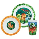 FUN HOUSE 006066 JURASSIC WORLD DINOSAURE - Juego de comida (plato plano, diámetro de 22 cm, plato hondo o tazón de 16 cm y vaso de 220 ml para niños