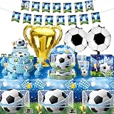 Kit Decoración Cumpleaños Fútbol, 90 Piezas Accesorios Fiesta Fútbol con Mantel Globos Vasos Servilletas Banderín Cake Topper para Niños Fiesta Temática Fútbol