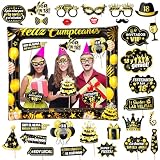 Photocall Feliz 18 Cumpleaños 28Pcs Accesorios + Marco Hinchable Oro Negro