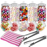 HEFTMAN Tarros de Plastico para Chuches – Juego de 10 Botes De Chuches con Tapas, Kit de Buffet de Dulces para Fiestas con 2 Pinzas y 50 Bolsas de Papel Dulces a Rayas Rosas - Candy Bar Tarros