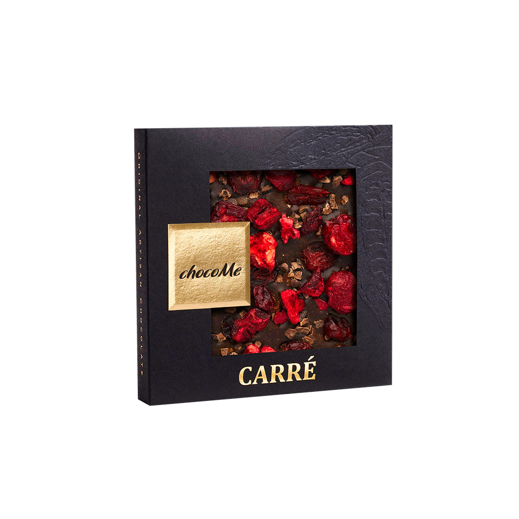 chocoMe - V66% Chocolate Amargo com Canela, Grãos de Cacau, Cereja e Cranberry 2x50g para Merlot