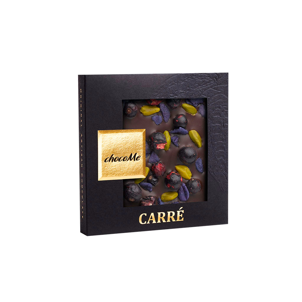 chocoMe - V66% Chocolate Amargo com Pétalas de Violeta, Pistache e Groselha Preta 2x50g para Syrah