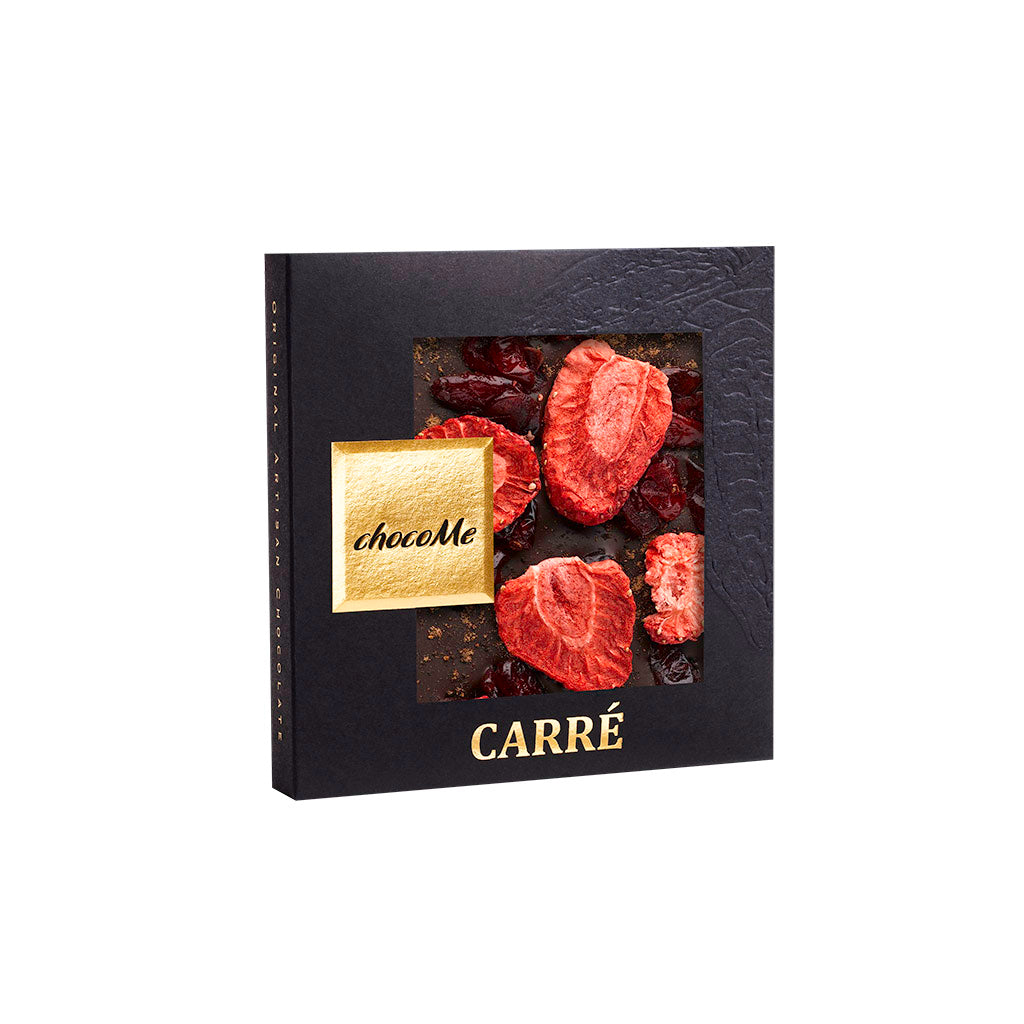 chocoMe - V66% Chocolate Amargo com Noz-moscada, Cranberry e Morango em Pedaços 2x50g para Tempranillo