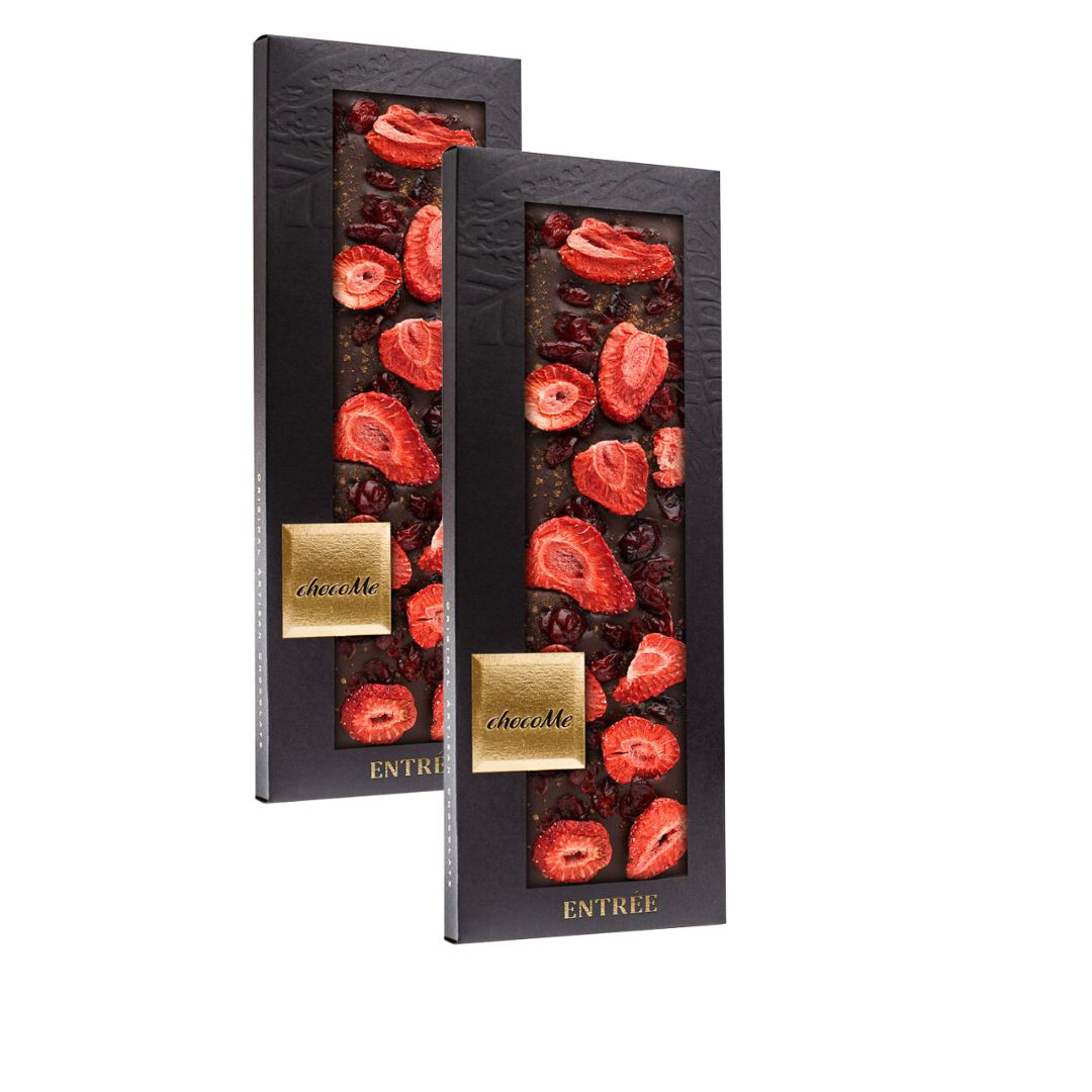 chocoMe - V66% Chocolate Amargo com Noz-moscada, Cranberry e Morango em Pedaços 2x110g para Tempranillo