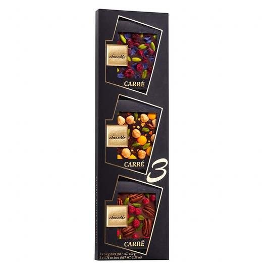50V114 Dark chocolate V66% with violet petals, pistachio and cherry