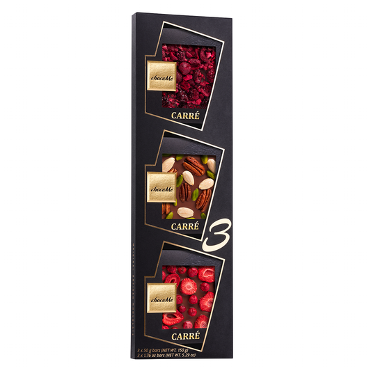 50V114 Dark chocolate V66% with violet petals, pistachio and cherry