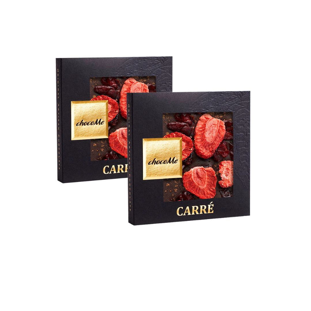 chocoMe - V66% Chocolate Amargo com Noz-moscada, Cranberry e Morango em Pedaços 2x50g para Tempranillo