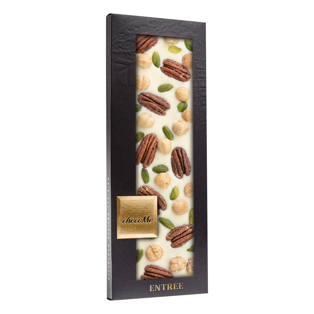 chocoMe Entrée - White Chocolate with Pecan, Bronte Pistachio and Piemonte Hazelnut 2x110g