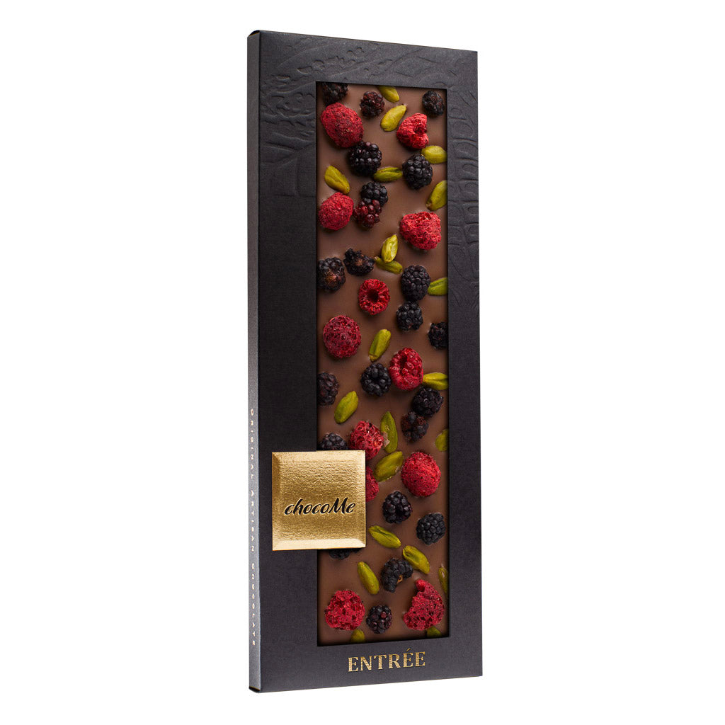 chocoMe Entrée - 43% Milk Chocolate with Pistachio, Blackberry and Whole Raspberry 2x110g