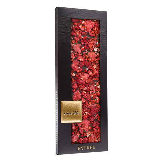 B103 Chocolate negro V66% con pétalos de rosa, trozos de frambuesa y trozos de fresa para Pinot Noir