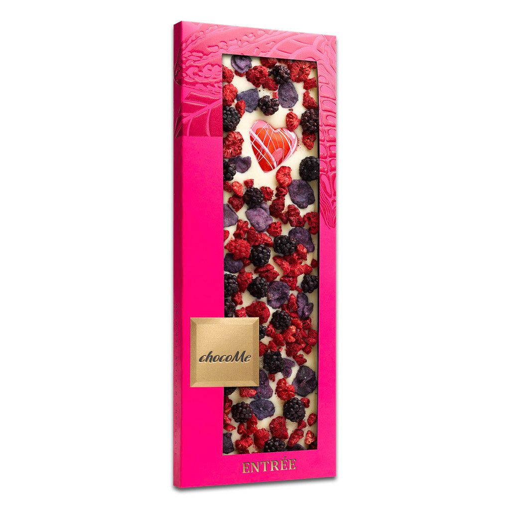 chocoMe Entrée - White Chocolate with Violet Petals, Blackberry, White Chocolate Heart and Raspberry Pieces 2x110g