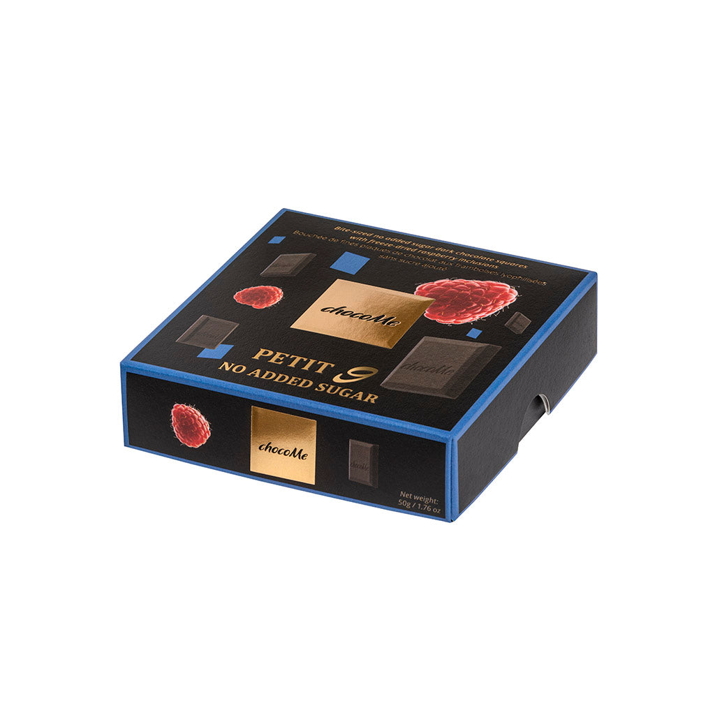 chocoMe - Cuadrados de chocolate negro sin azúcares añadidos con inclusiones de frambuesa liofilizada 50g