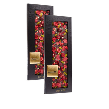chocoMe Entrée - V66% Dark Chocolate with Rose Petals, Cherry, Pistachio and 23 Karat Edible Gold 2x110g
