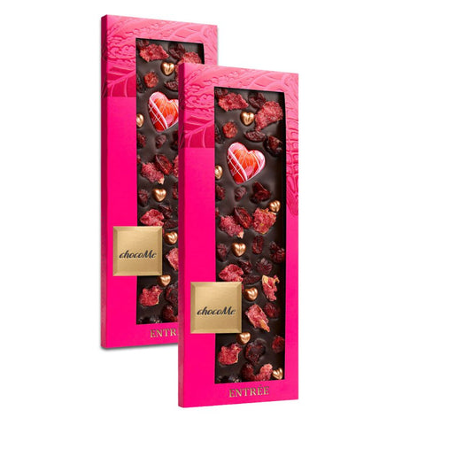 chocoMe - V66% Chocolate Amargo com Cranberry, Pétalas de Rosa, Coração de Chocolate Branco e Corações de Chocolate Bronze 2x110g