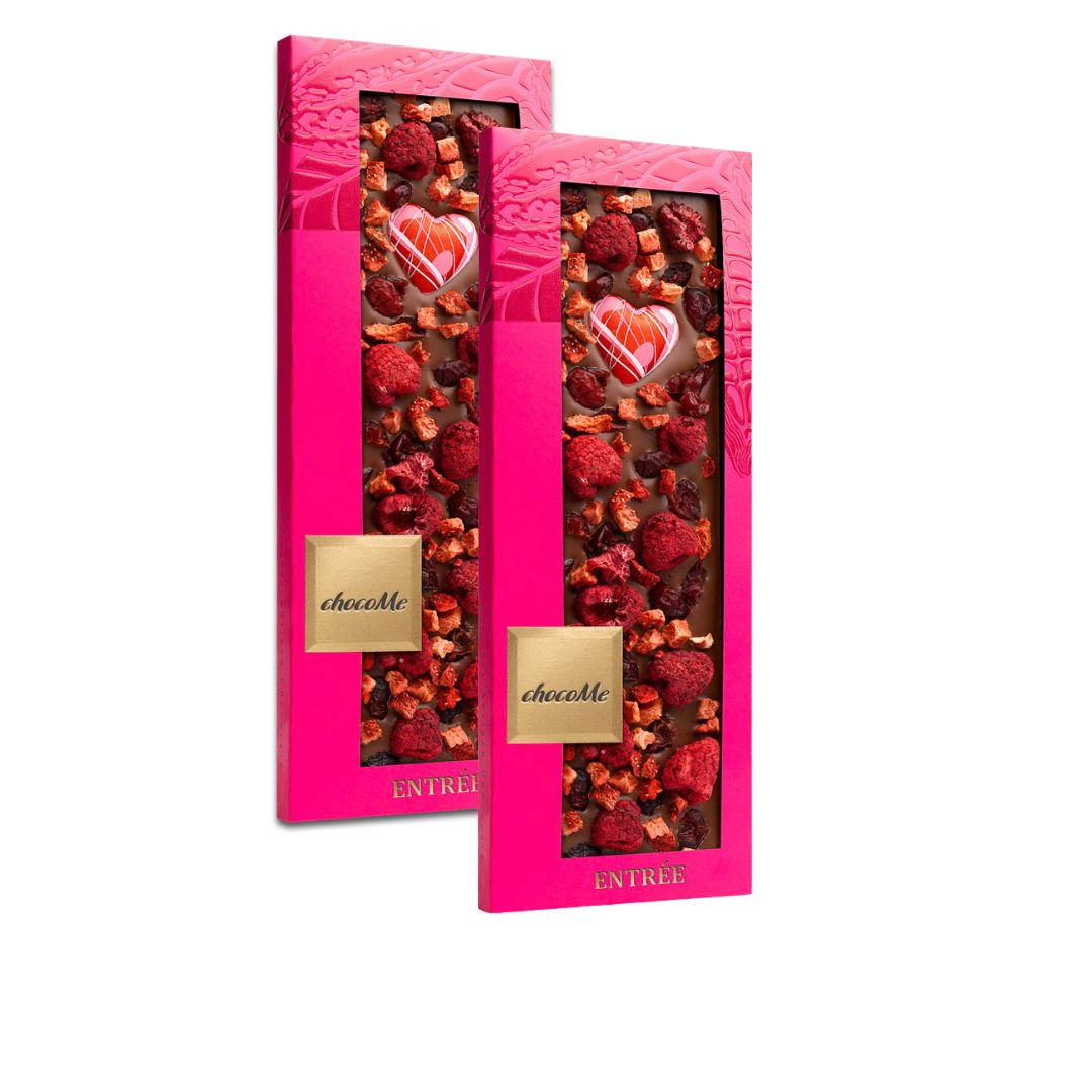 chocoMe - Chocolate con Leche 43% con Arándano Rojo, Frambuesa Entera, Corazón de Chocolates Blanco y Trozos de Fresa  2x110g