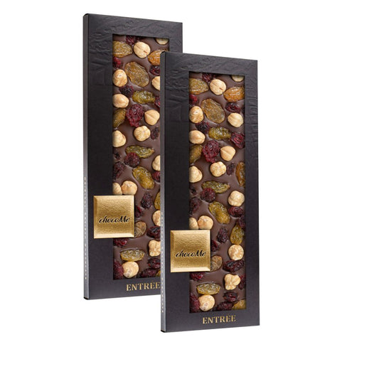 chocoMe Entrée - 43% Milk Chocolate with Golden Raisins, Cranberry and Piemonte Hazelnut 2x110g
