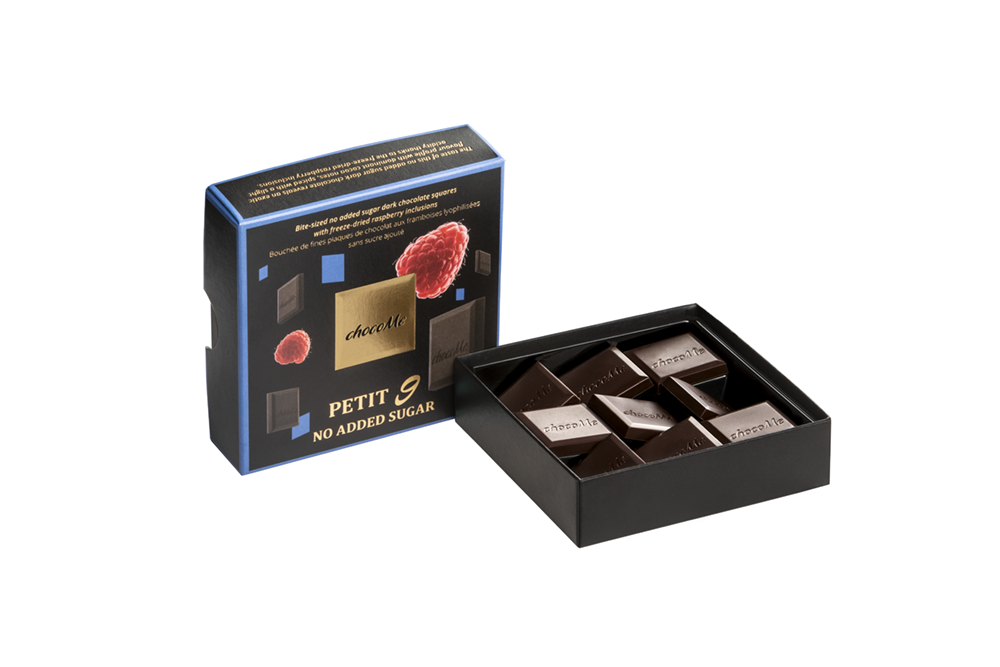 chocoMe - Quadrados de chocolate amargo sem adição de açúcar com inclusões de framboesa liofilizada 50g